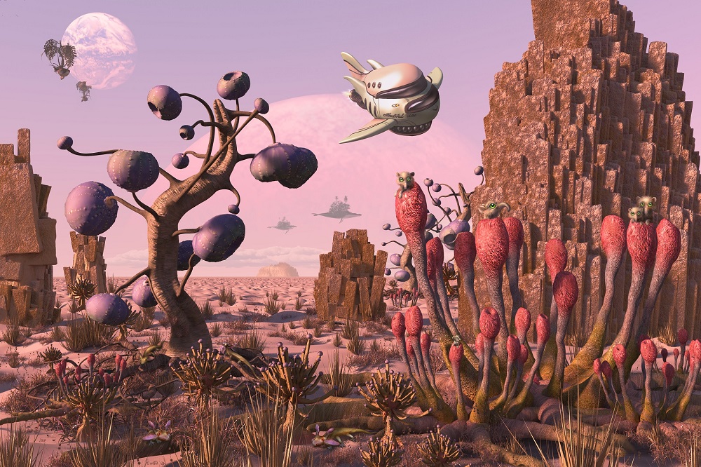 Happy woman hiker in a misty forest